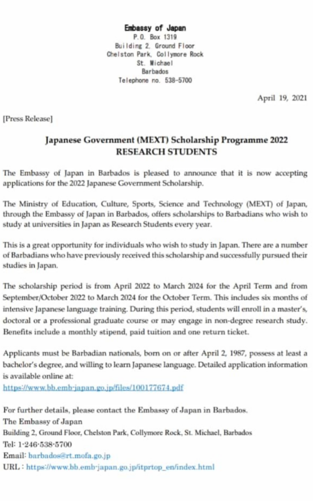 Scholarships Barbados MEXT Japanese Programme Locate Barbados Study in Japan