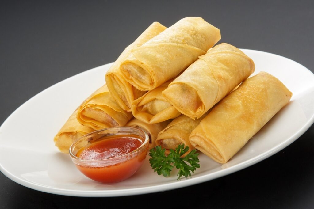 plate of spring rolls and ketchup dip